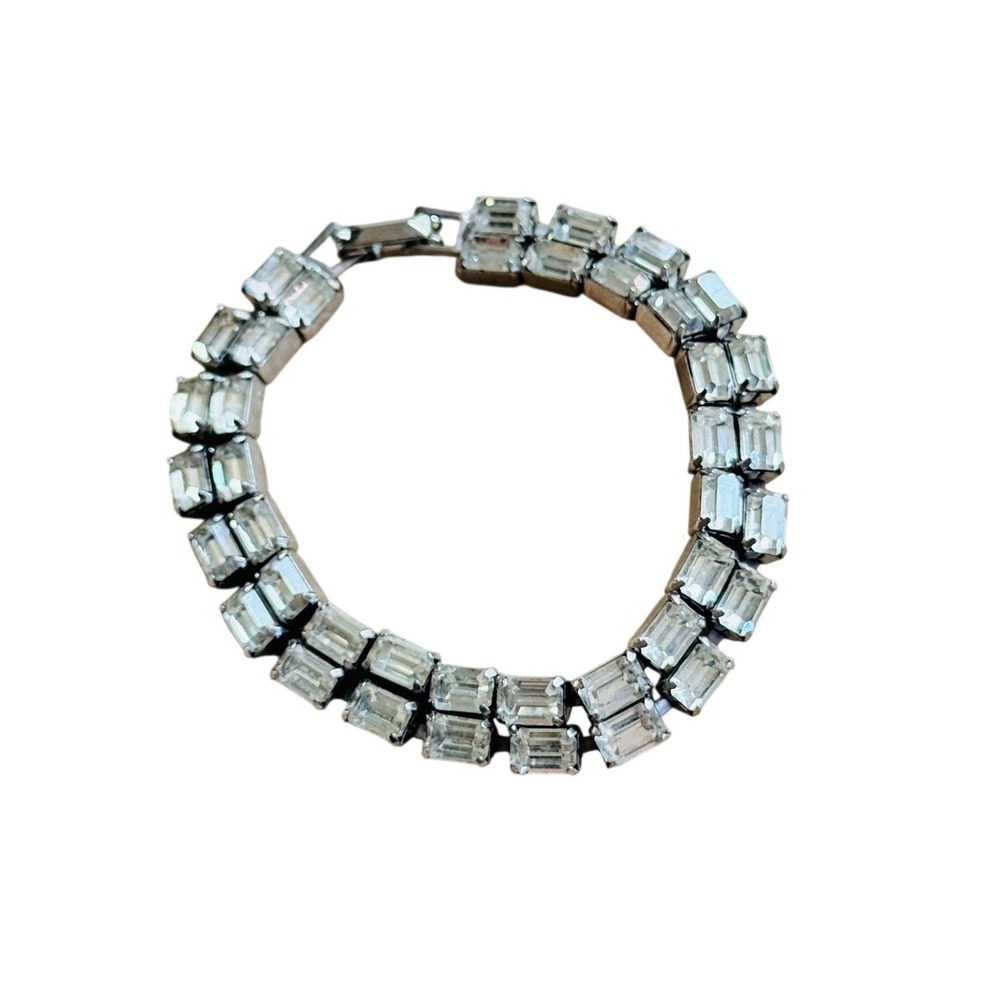 Weiss‎ Tennis Bracelet Silver Tone VTG Signed Rhinestone Crystal Emerald Cut 7"